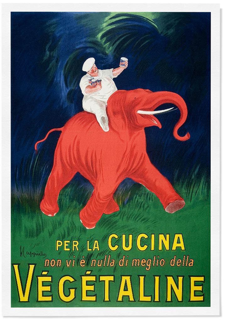 Retro style poster from Leonetto Cappiello featuring an iconic illustration of a chef on a red elephant.