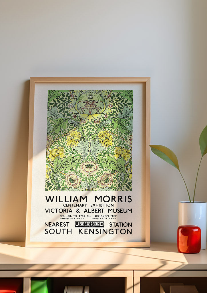 Green floral art by William Morris. Reproduction of a vintage exhibition poster from 1934.&nbsp;