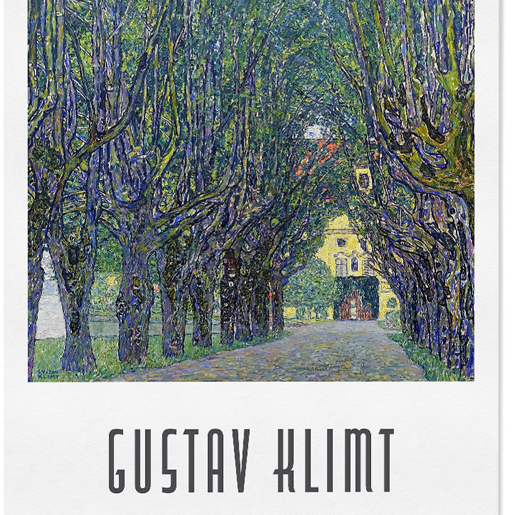 Gustav Klimt art nouveau poster featuring his landscape painting 'Avenue of Schloss Kammer Park' from 1912.