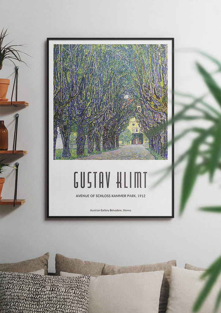 Gustav Klimt art nouveau poster featuring his landscape painting 'Avenue of Schloss Kammer Park' from 1912.