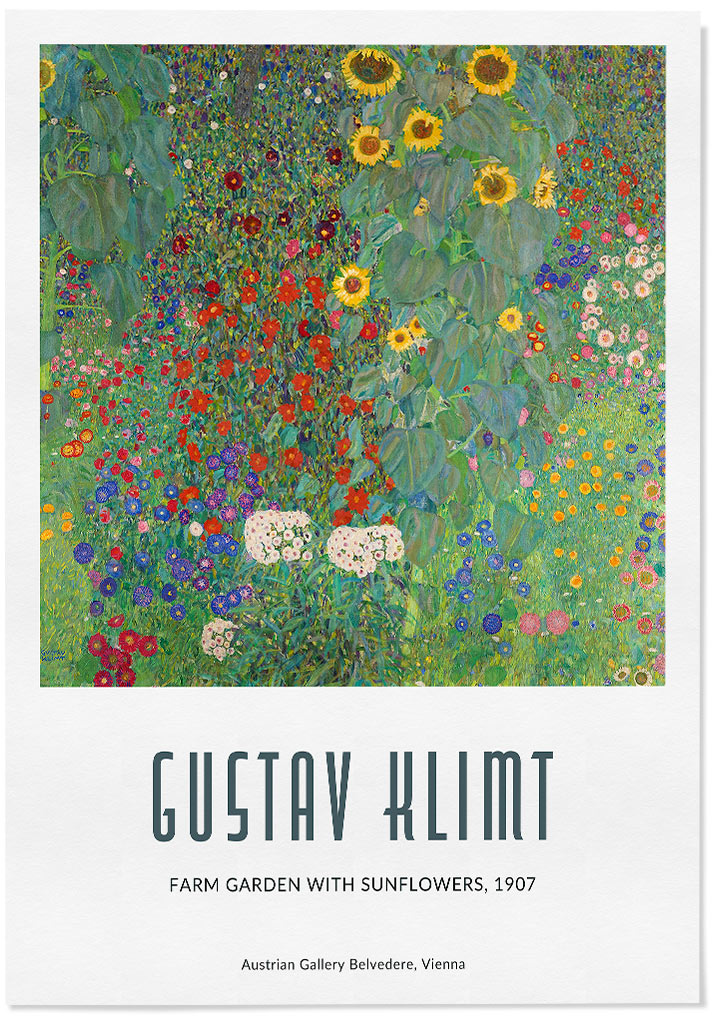 Gustav Klimt art print featuring his artwork 'Farm Garden with Sunflowers' from 1907. 