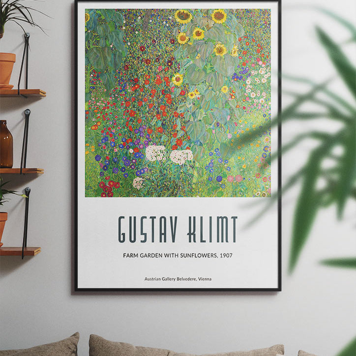 Gustav Klimt art print featuring his artwork 'Farm Garden with Sunflowers' from 1907. 