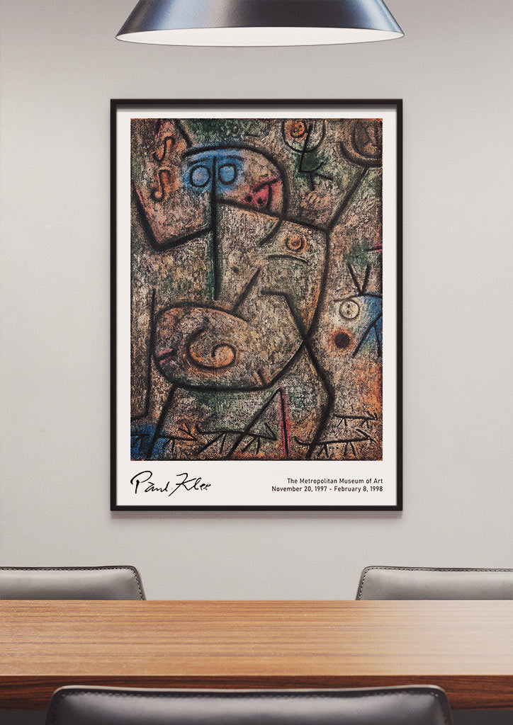 Modern art exhibition poster featuring Paul Klee's 'Rumors' painting.