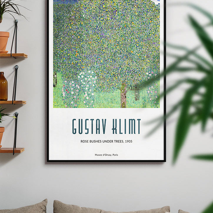 Gustav Klimt poster featuring his artwork 'Rose Bushes Under Trees' from 1905.