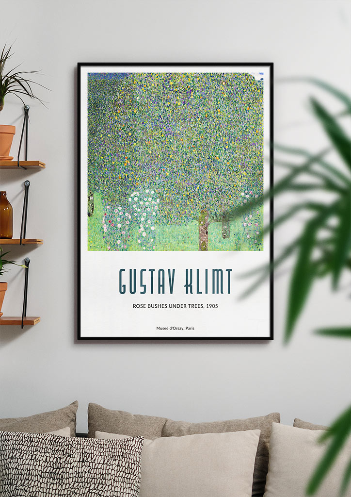 Gustav Klimt poster featuring his artwork 'Rose Bushes Under Trees' from 1905.