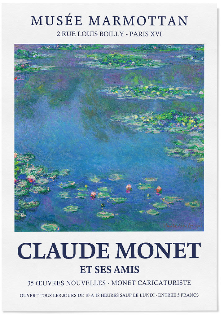 Monet exhibition poster featuring one of his paintings from the 'Water Lilies' series.