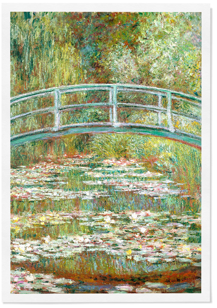 Claude Monet art poster featuring his masterpiece 'Bridge Over a Pond of Water Lilies'.