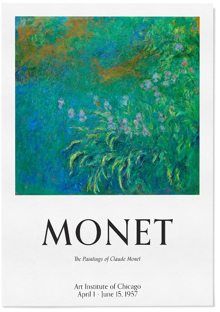 A beautiful Claude Monet art poster featuring his painting 'Irises'.