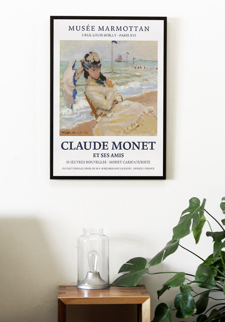 Claude Monet poster, featuring his still life painting 'Camille on the Beach at Trouville' from 1870.