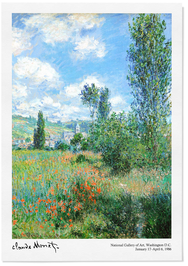 Claude Monet exhibition poster, featuring his painting 'View of Vétheuil' from 1897.