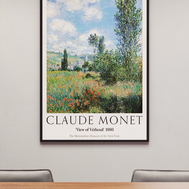 Claude Monet exhibition poster, featuring his landscape painting 'View of Vétheuil' from 1897. Claude Monet View of Vétheuil Poster